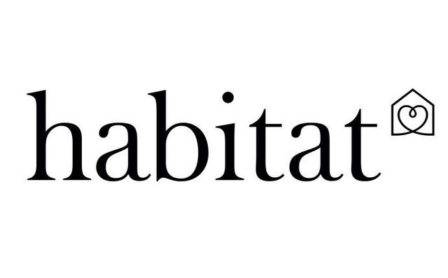 A black and white logo for habitat with a house on it.