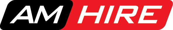 AM HIRE logo: white text on black and red backgrounds.