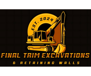 Logo for Final Trim Excavations: yellow excavator, "EST. 2024" on black background, "Final Trim Excavations & Retaining Walls" text.
