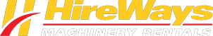 Logo for HireWays, machinery rentals. Yellow text and red accent on a white background.