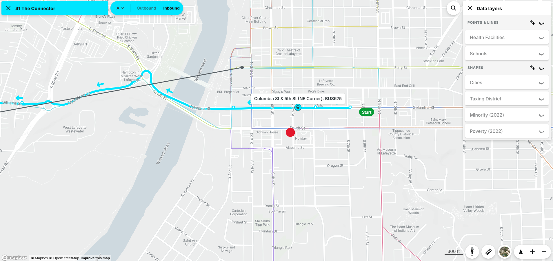 Map showing a route and a destination marked by a red pin, with menu options on the right side.