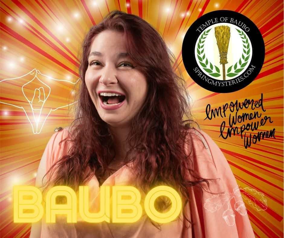 A woman is smiling on a poster that says baubo