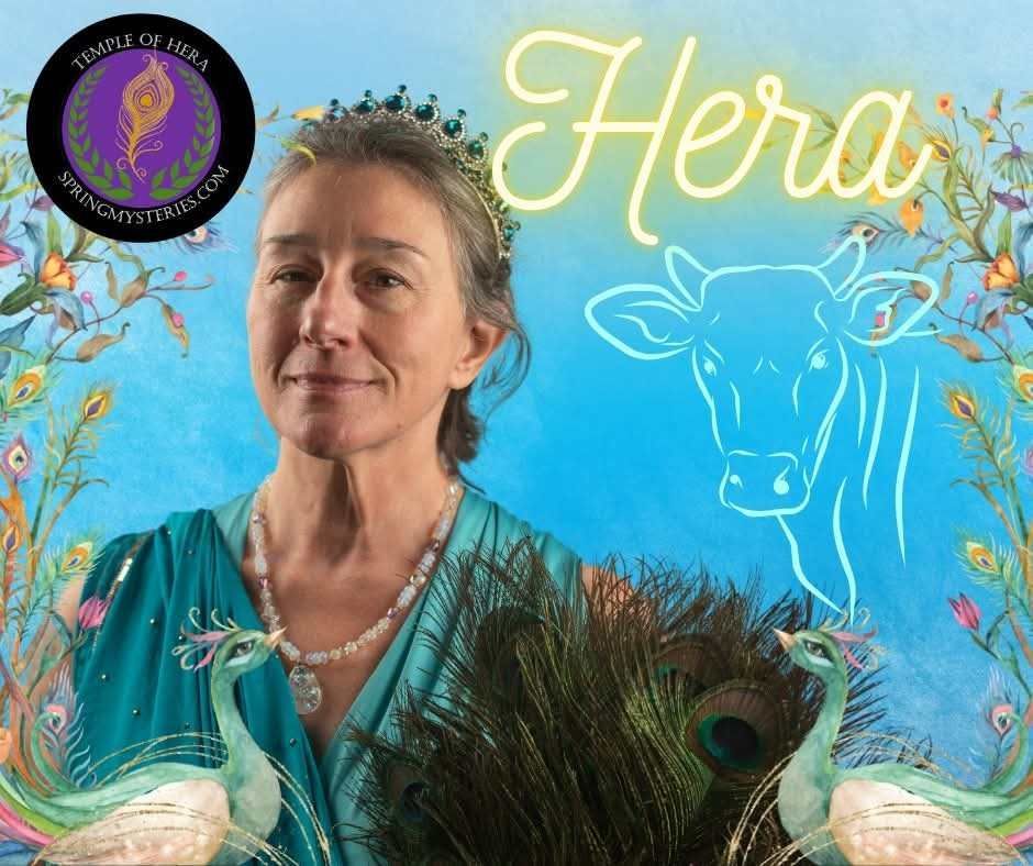 A woman with a crown on her head is holding peacock feathers and a cow, representing Hera.