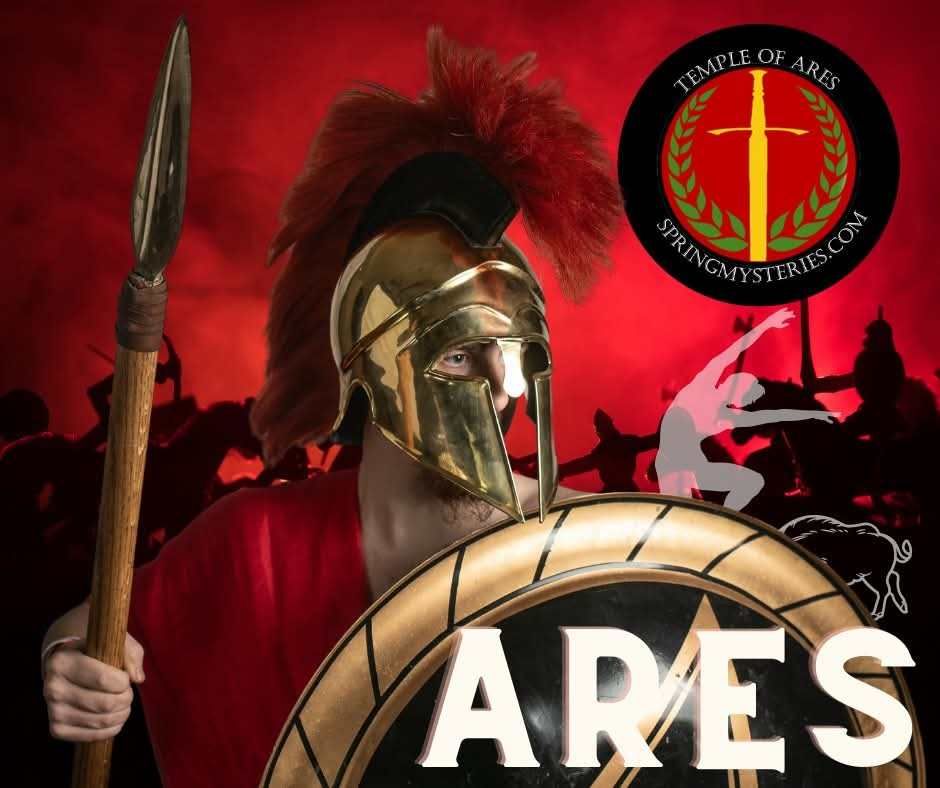 A man in armor is holding a helmet and the word ares is on the bottom, representing Ares.