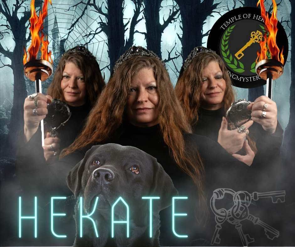 Three women are standing next to each other with the word hekate in the foreground