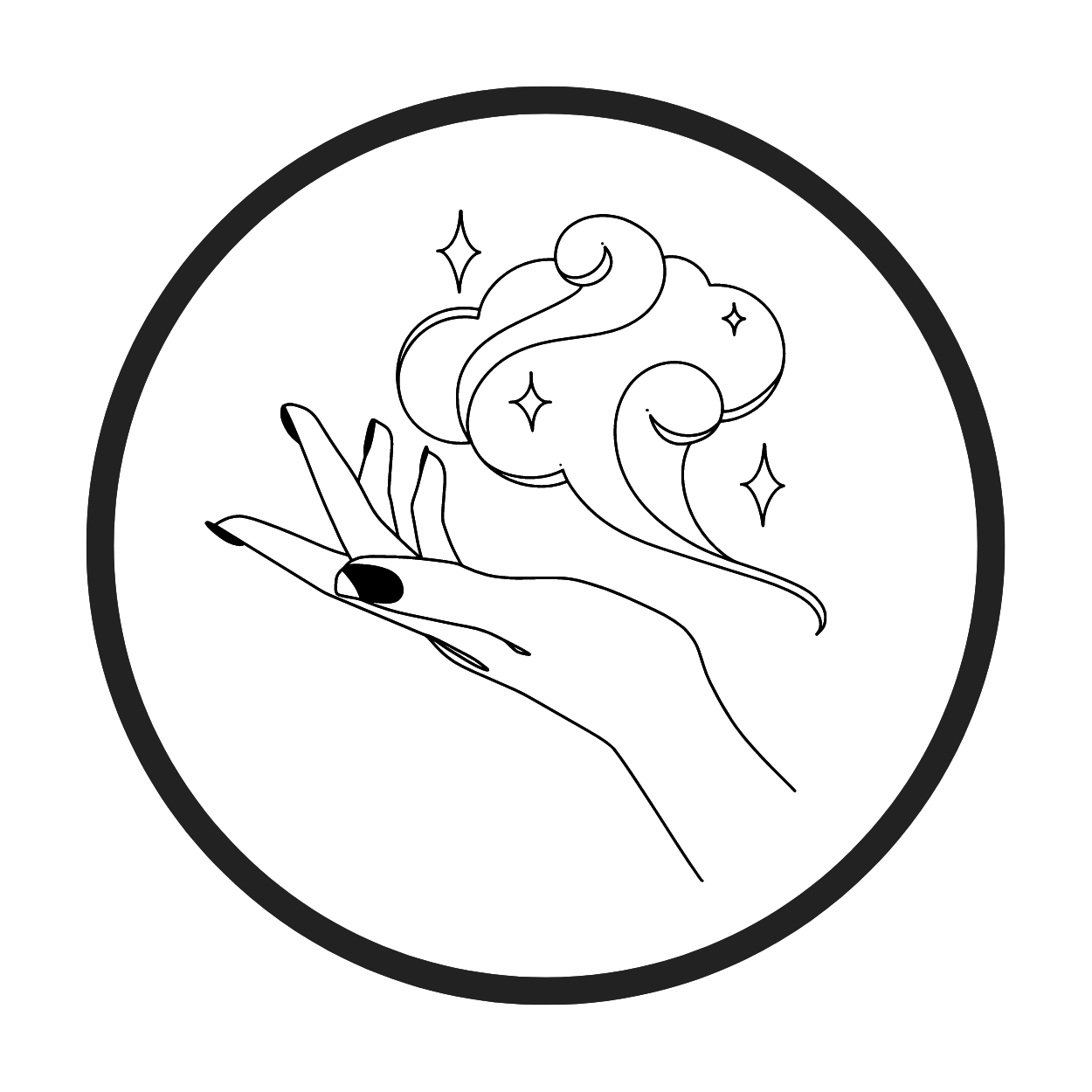 A black and white drawing of a woman's hand holding a cloud.