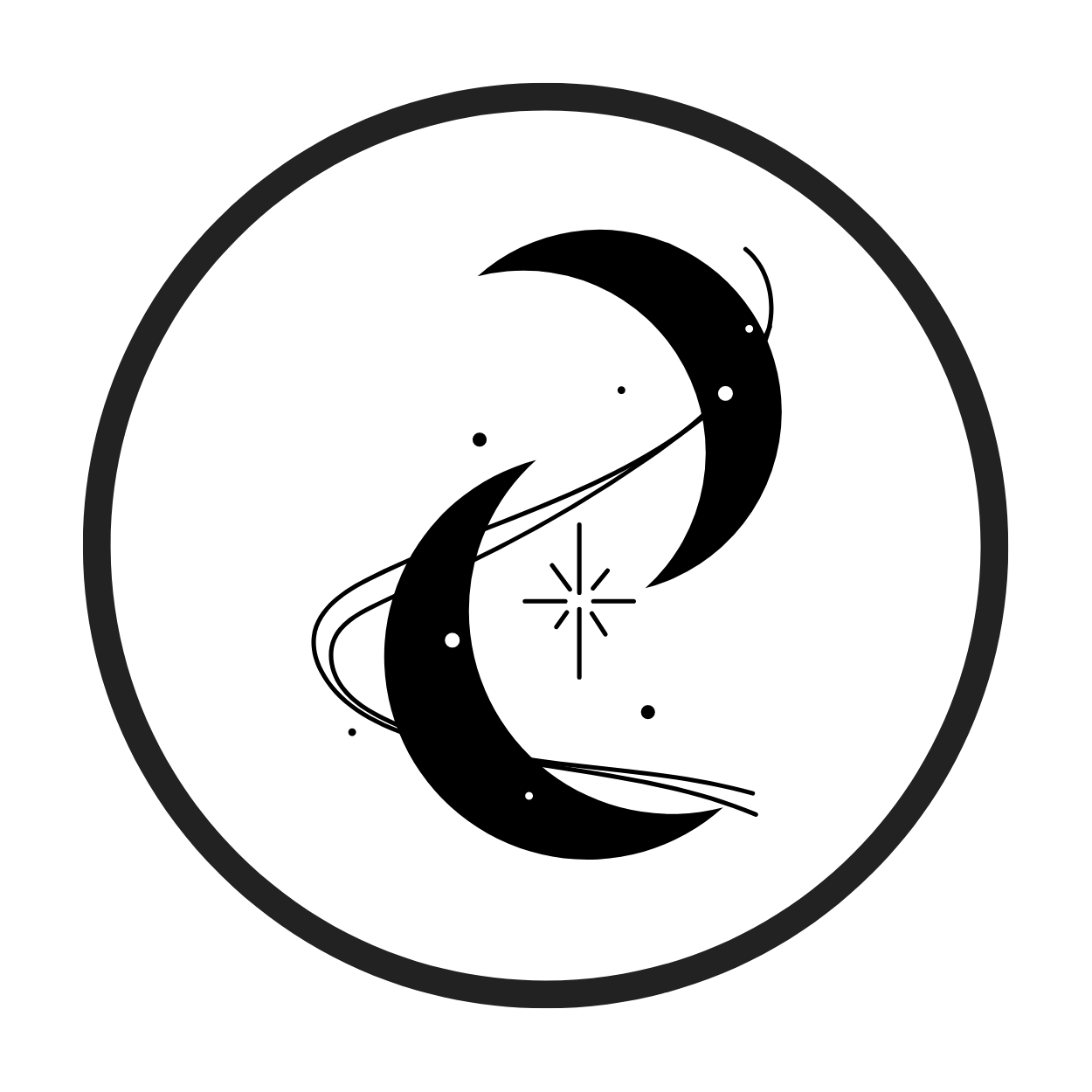 A black and white logo with a crescent moon and a star in a circle.