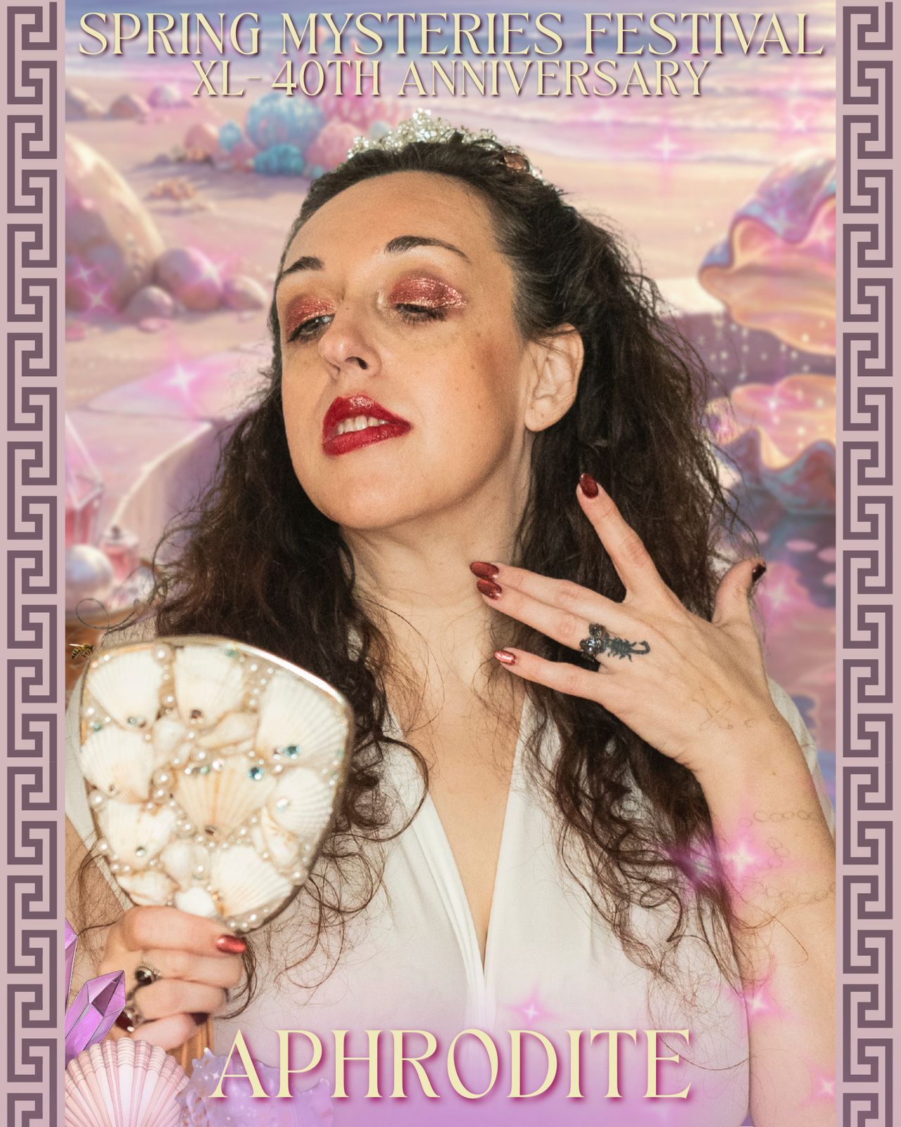 A woman taking a selfie on the beach with the word aphrodite in the background