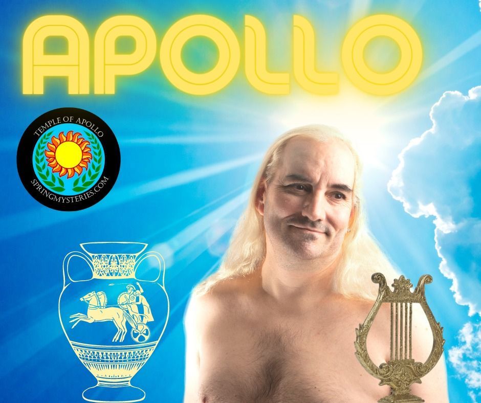 A shirtless man holding a harp and a vase with the word apollo on it
