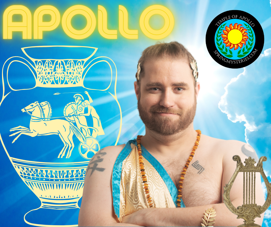 A shirtless man with a beard is standing in front of an Apollo poster, representing Apollo.