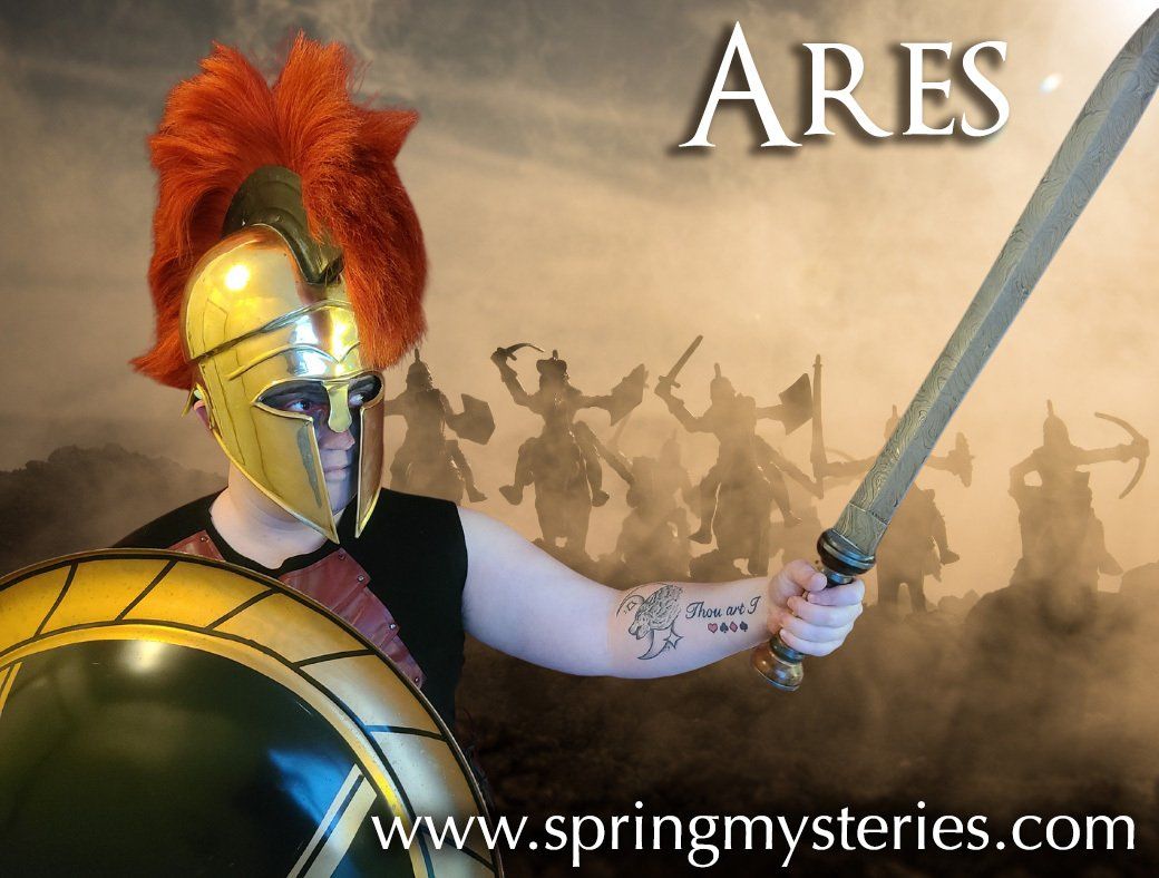Man in a spartan helmet, holding a sword and shield, representing Ares.