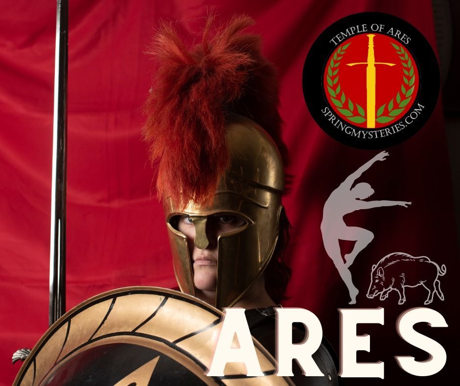 A poster for the temple of ares shows a man in a spartan costume.
