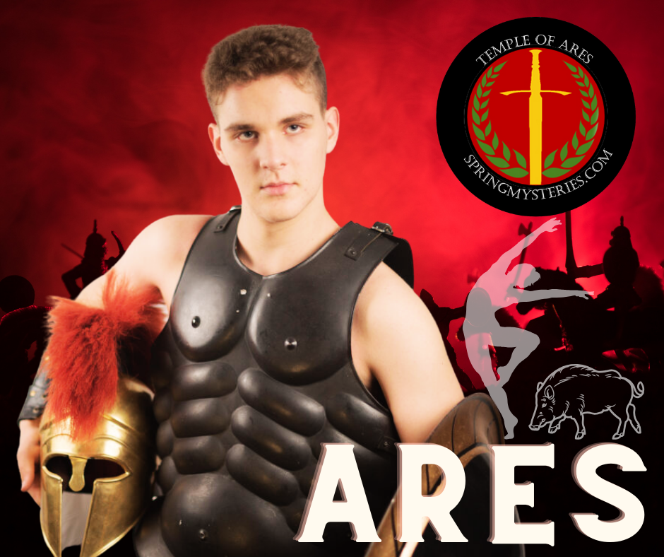 A man in armor is holding a helmet and the word ares is on the bottom, representing Ares.