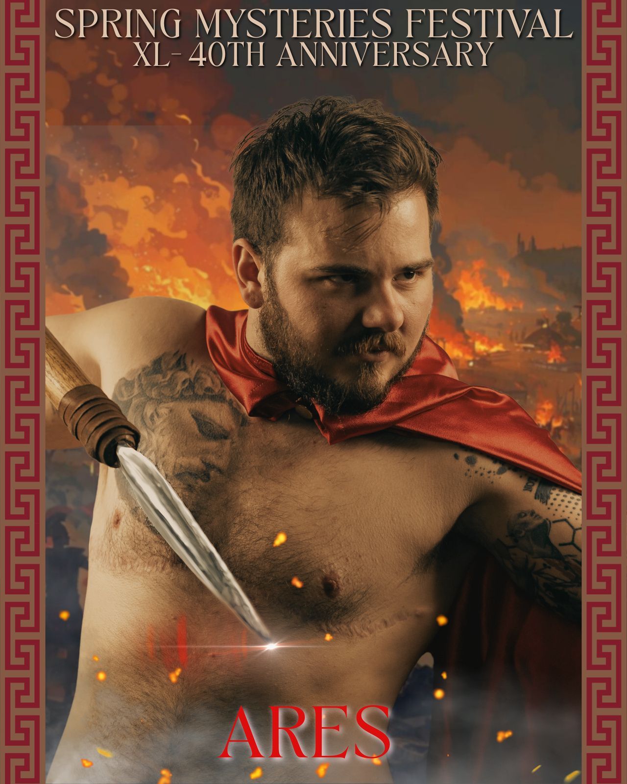 A man in armor is holding a helmet and the word ares is on the bottom, representing Ares.