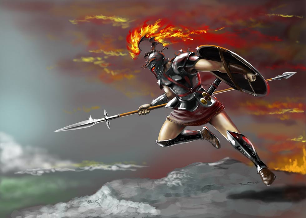 Man leaping through the air with a flaming helmet, spear, and shield, representing Ares.