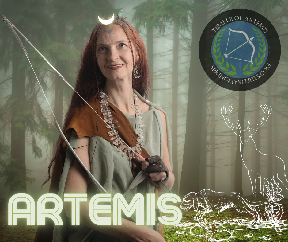 A woman dressed in tribal clothing and holding a bow,  representing Artemis.