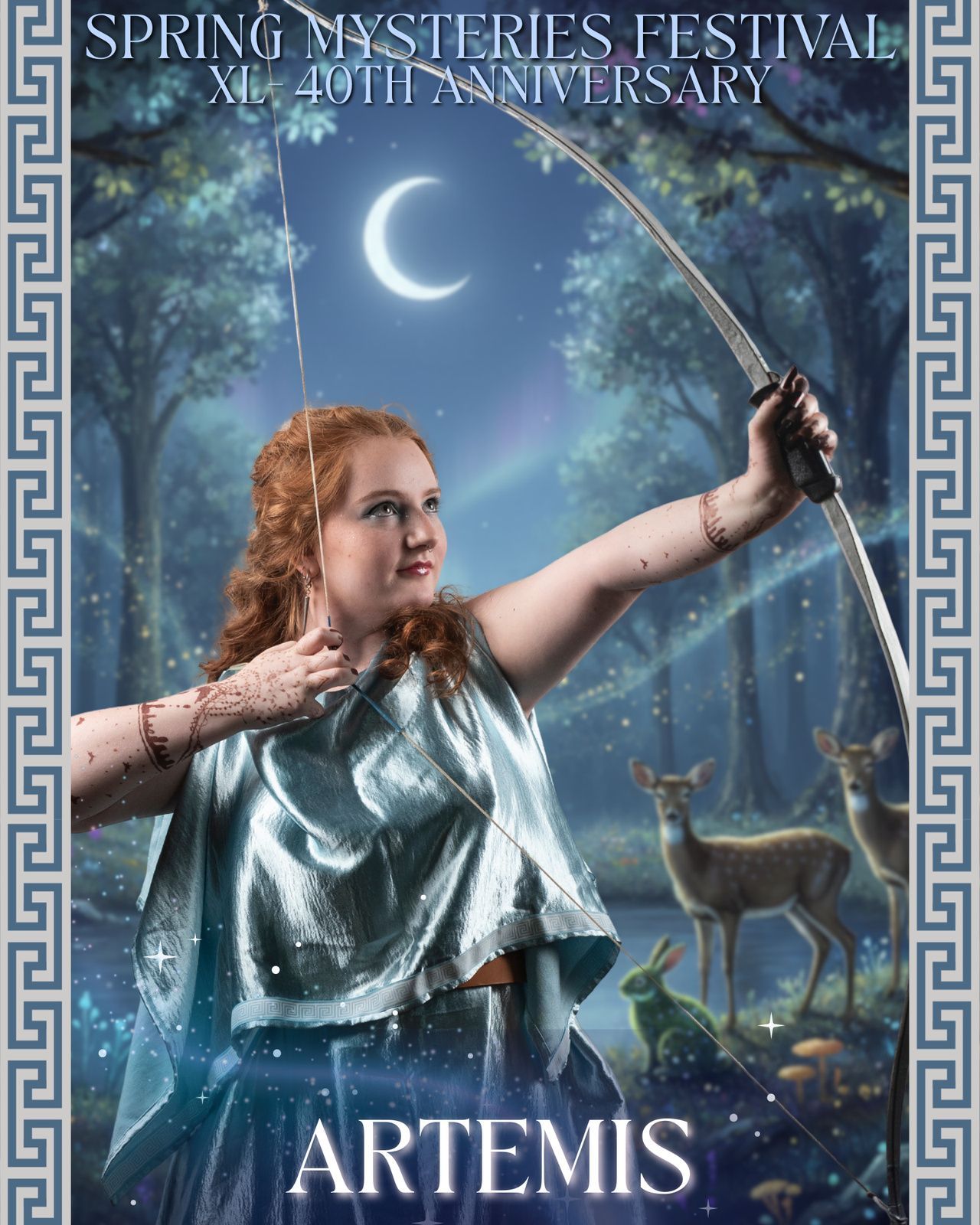 A woman dressed in tribal clothing and holding a bow,  representing Artemis.