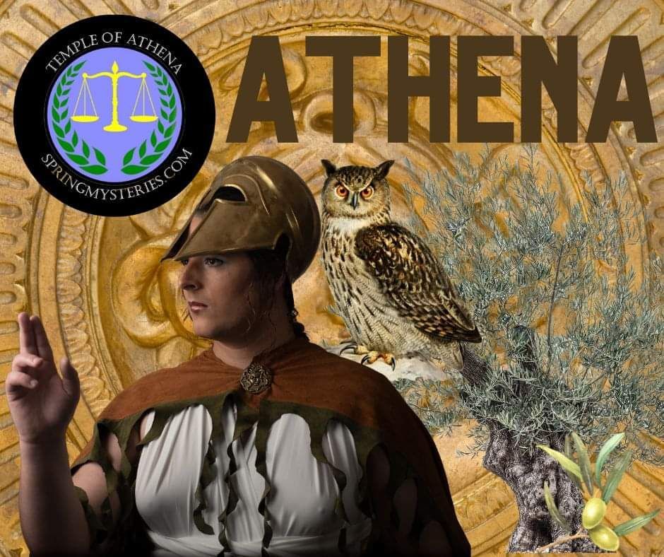 A poster for the temple of athena with a man in a spartan costume and an owl