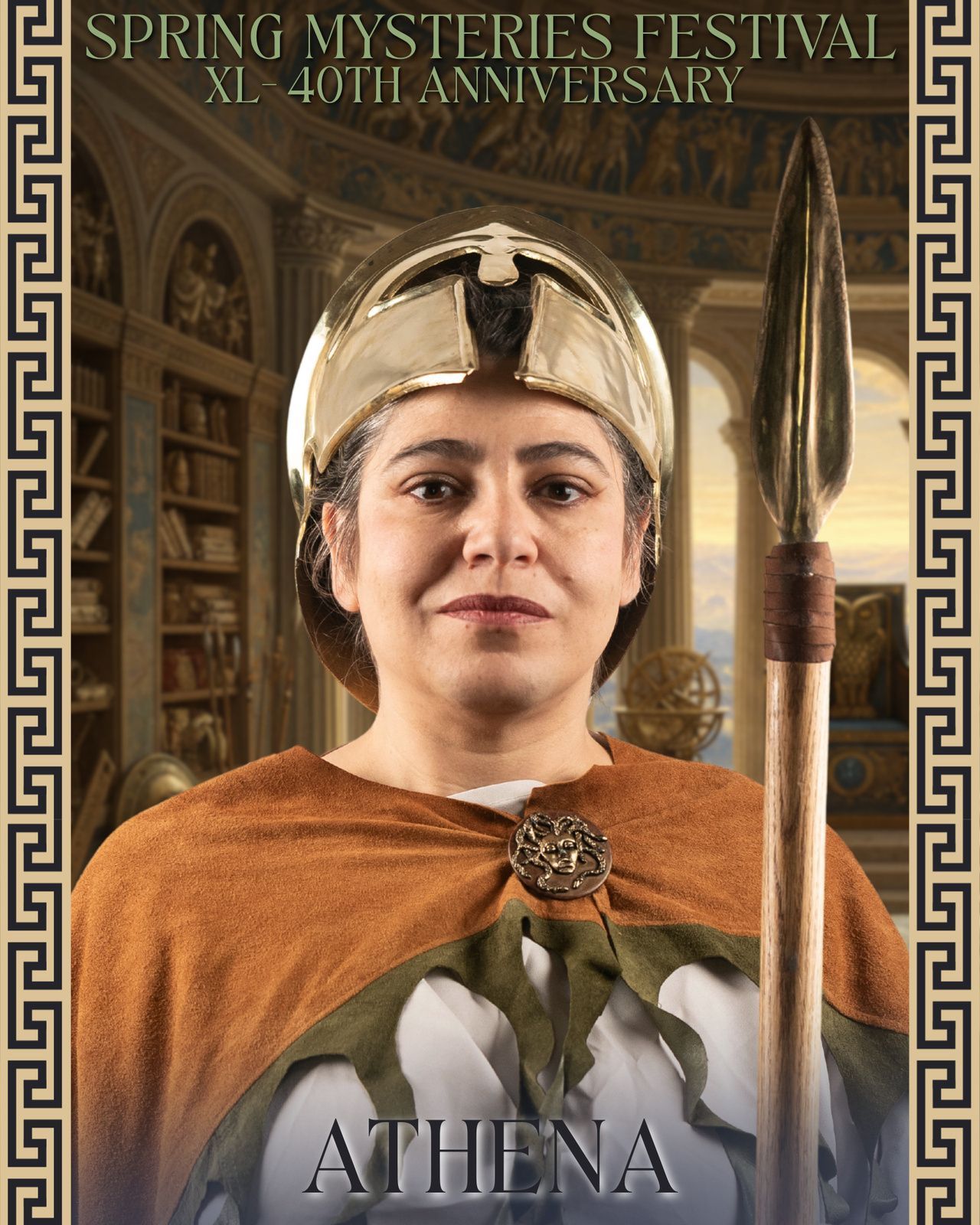A woman is dressed as the goddess athena