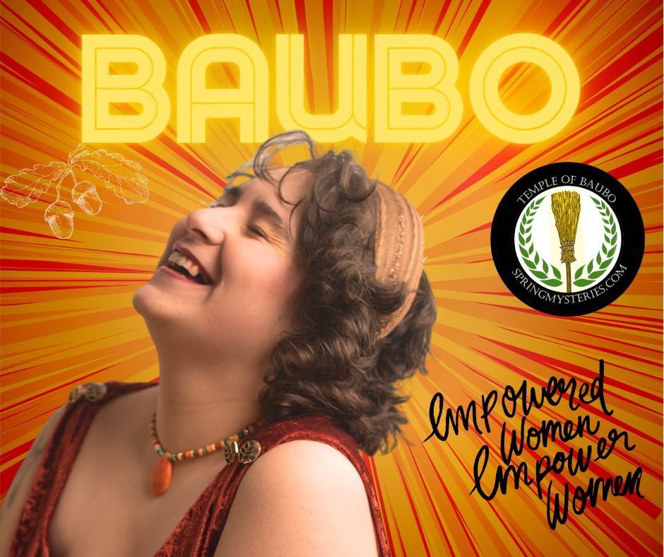 A woman is smiling on a poster that says baubo