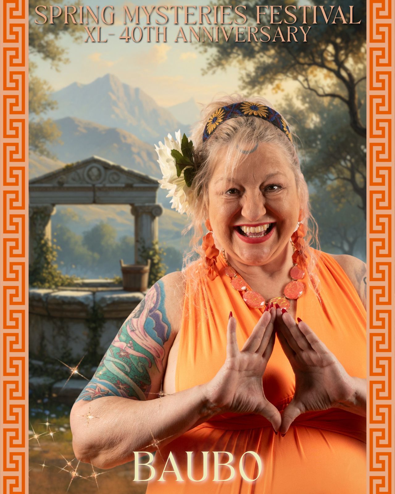 A woman is smiling on a poster that says baubo