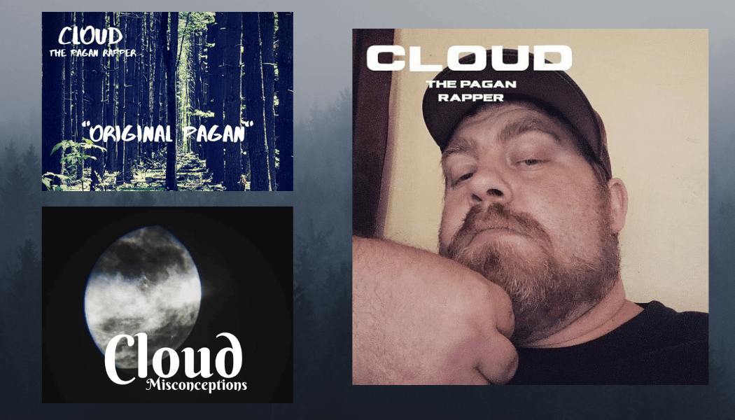 A man with a beard is standing in front of a cloud album cover, a Pagan Rapper.