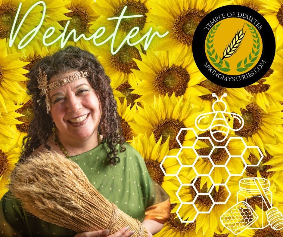 A woman is holding a bundle of wheat in front of a sunflower background,  representing Demeter.