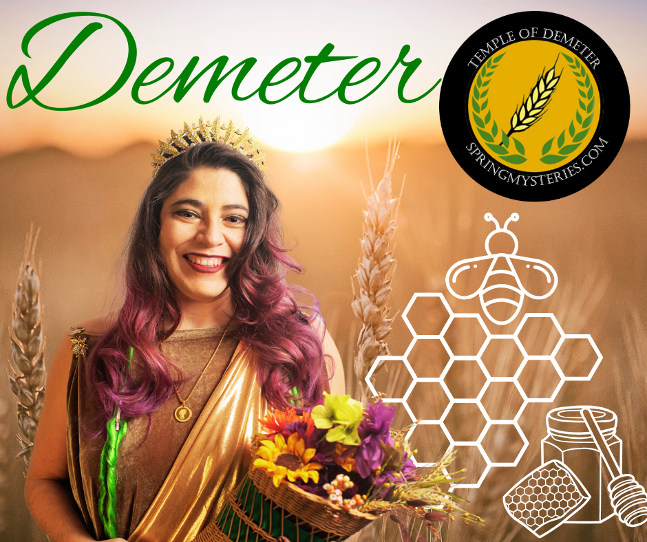 A woman with purple hair is wearing a crown and holding a basket of flowers,  representing Demeter.
