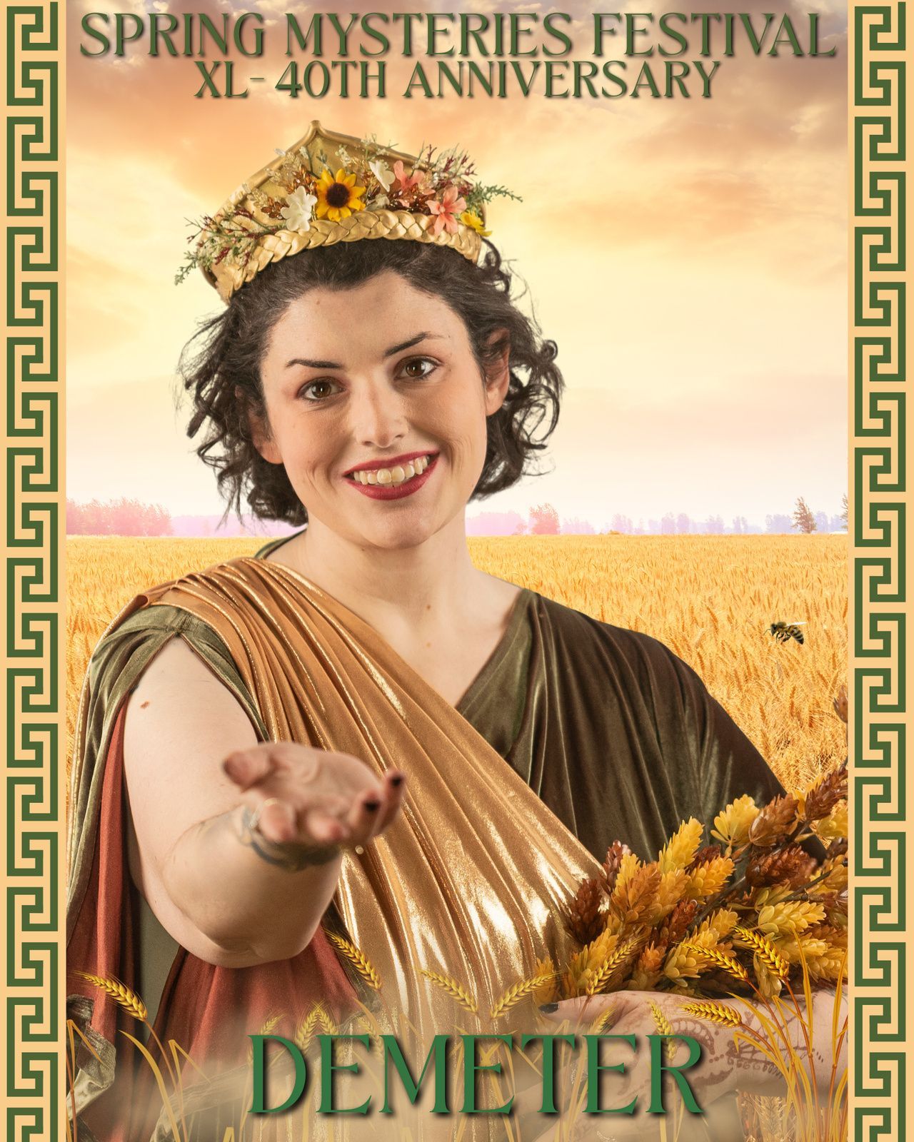 A woman with purple hair is wearing a crown and holding a basket of flowers, representing Demeter.