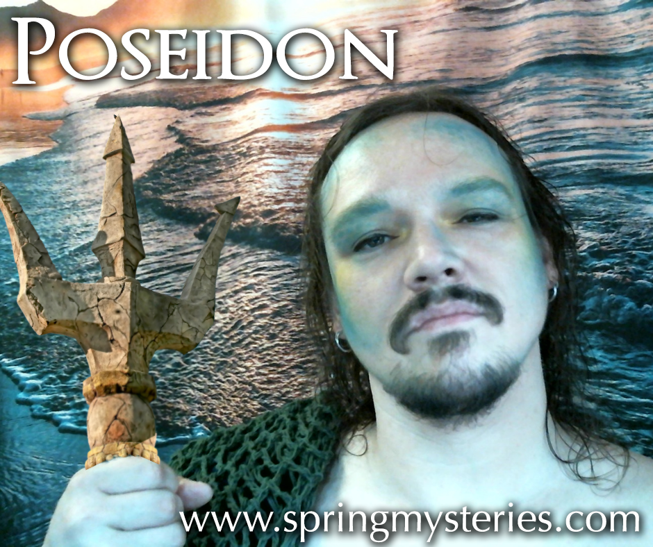 A man with blue paint on his face is holding a trident in front of a poster that says Poseidon.