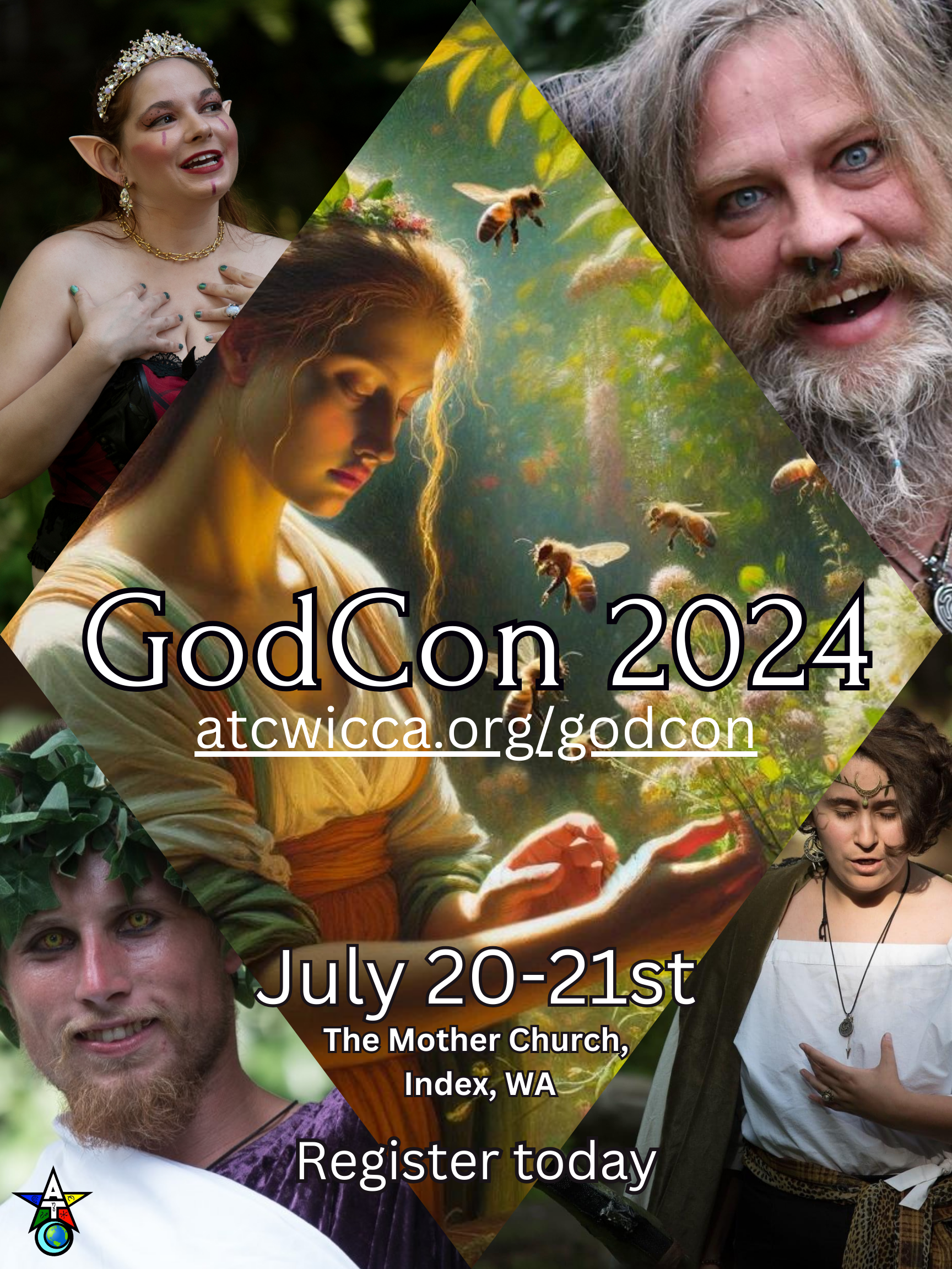 A poster for godcon 2024, showing nature, Gods, and Goddesses.