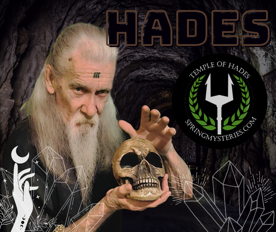 A man with a beard is holding a skull in front of a sign that says hades