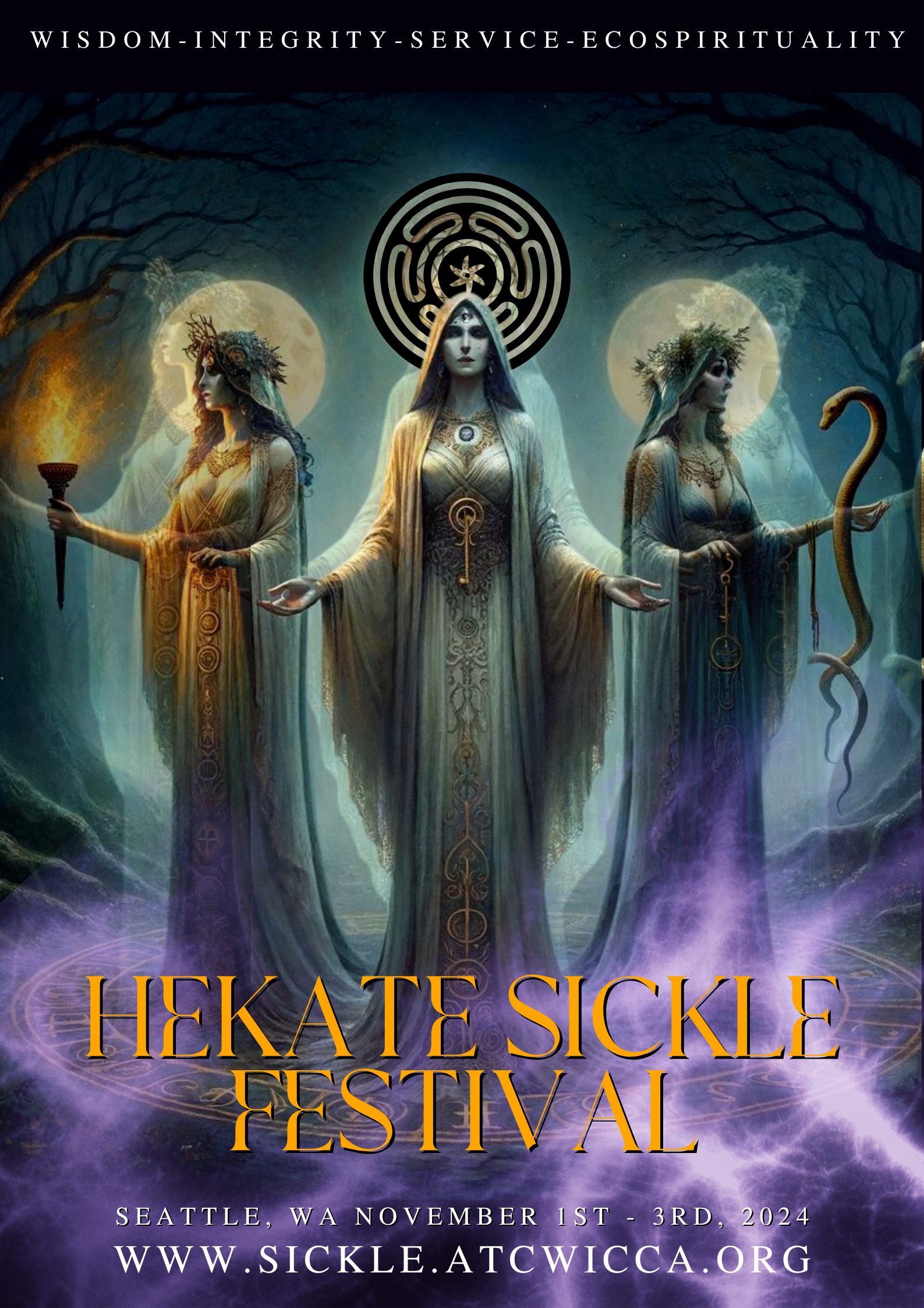 A poster for the Hekate Sickle Festival, showing three Goddesses.