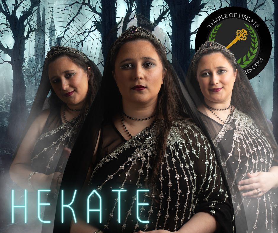 Three women are standing next to each other with the word hekate in the foreground