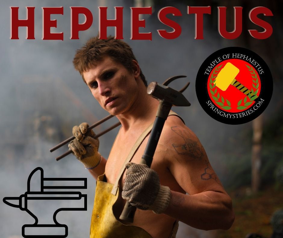 A man holding blacksmithing tongs and a hammer, representing Hephaestus.