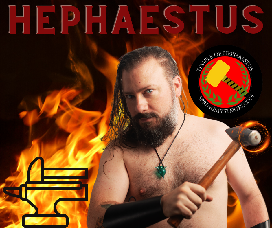 A man in front of fire, holding a smithing hammer,  representing Hephaestus.