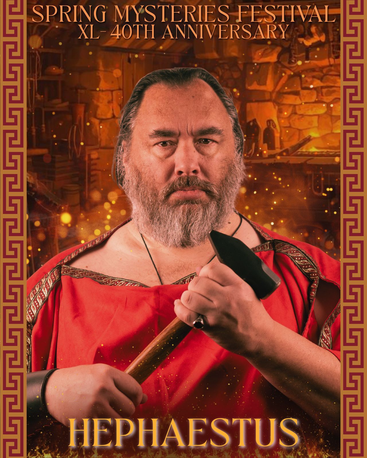 A man in front of fire, holding a smithing hammer,  representing Hephaestus.