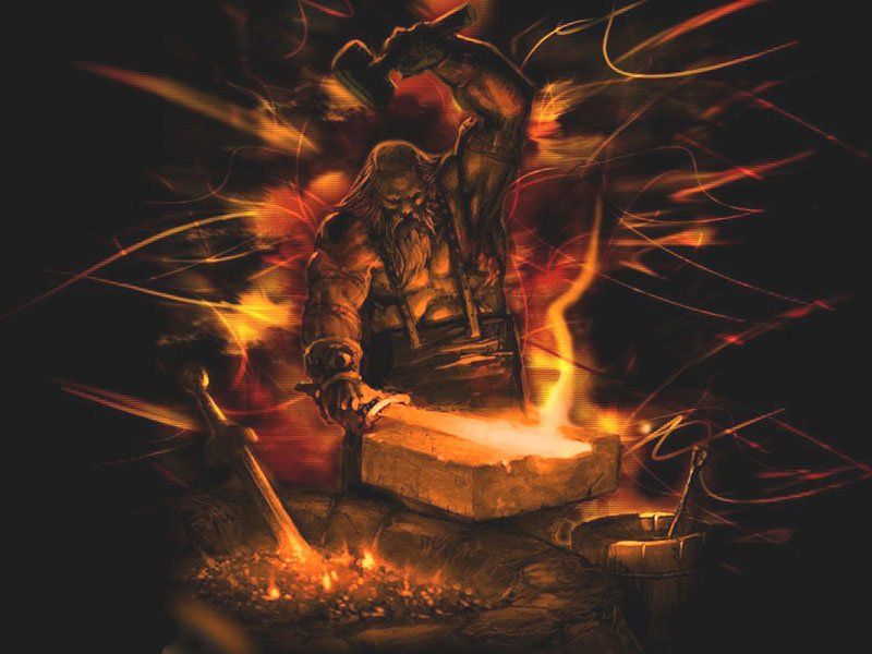 A blacksmith is working on a piece of metal in the middle of a fire representing Hephaestus.