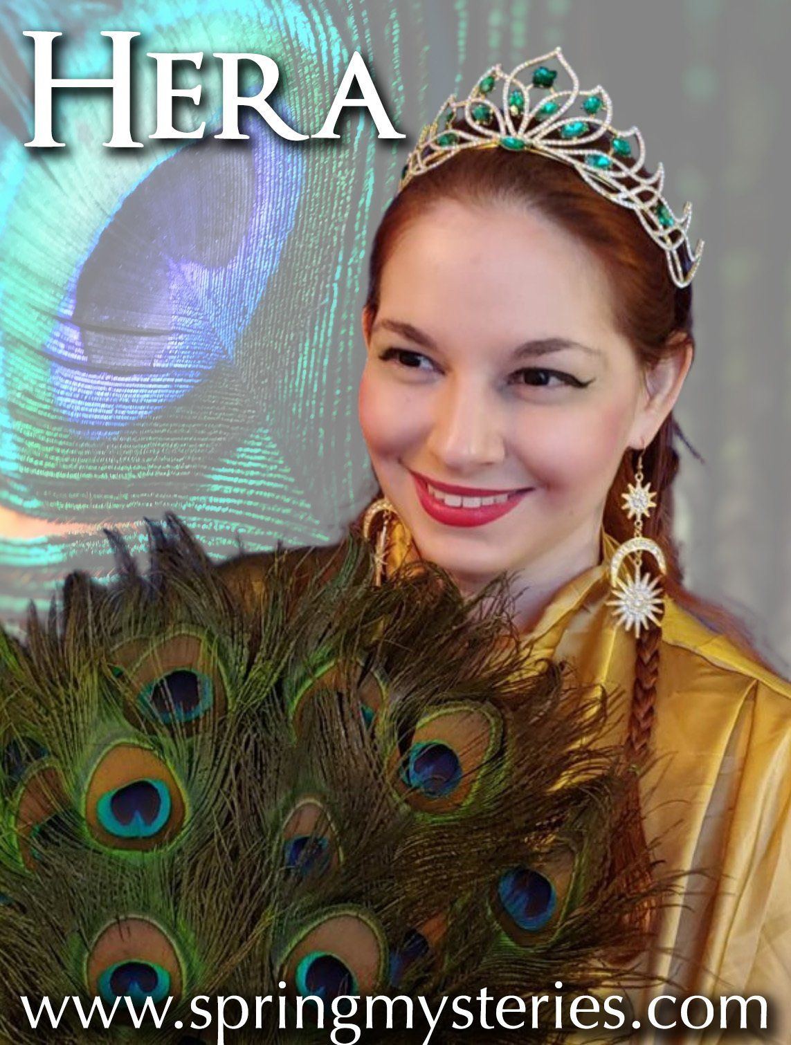 A woman is wearing a peacock feather crown and earrings, representing Hera.