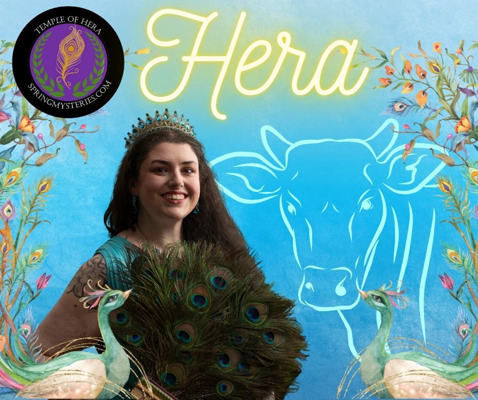A woman is holding a peacock feather in front of a cow, representing Hera.