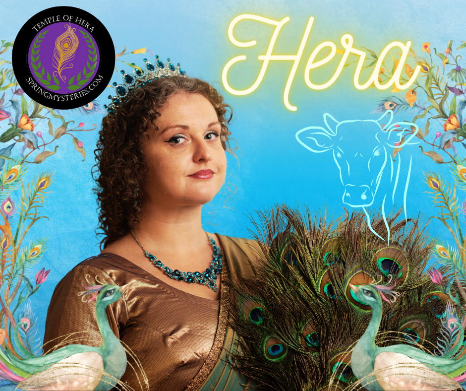 A woman with a crown on her head is holding peacock feathers and a cow, representing Hera.