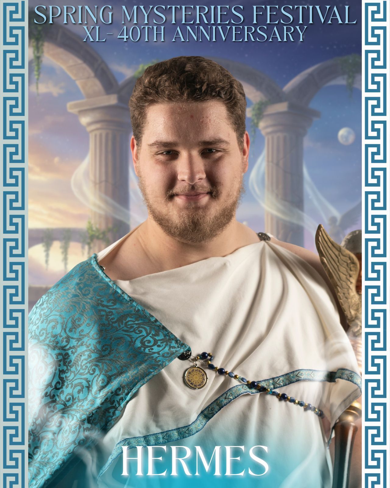 A man in a hermes costume is holding a statue of an eagle