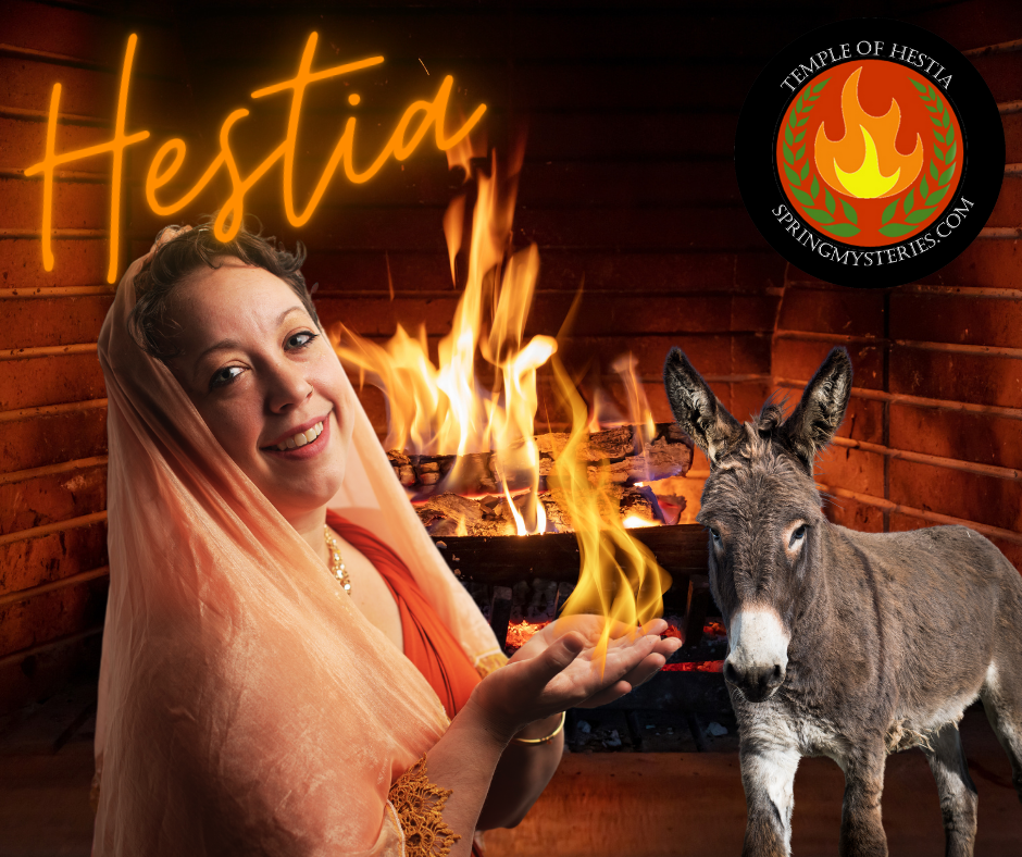 A woman is standing next to a donkey in front of a fireplace with the word hestia written on it