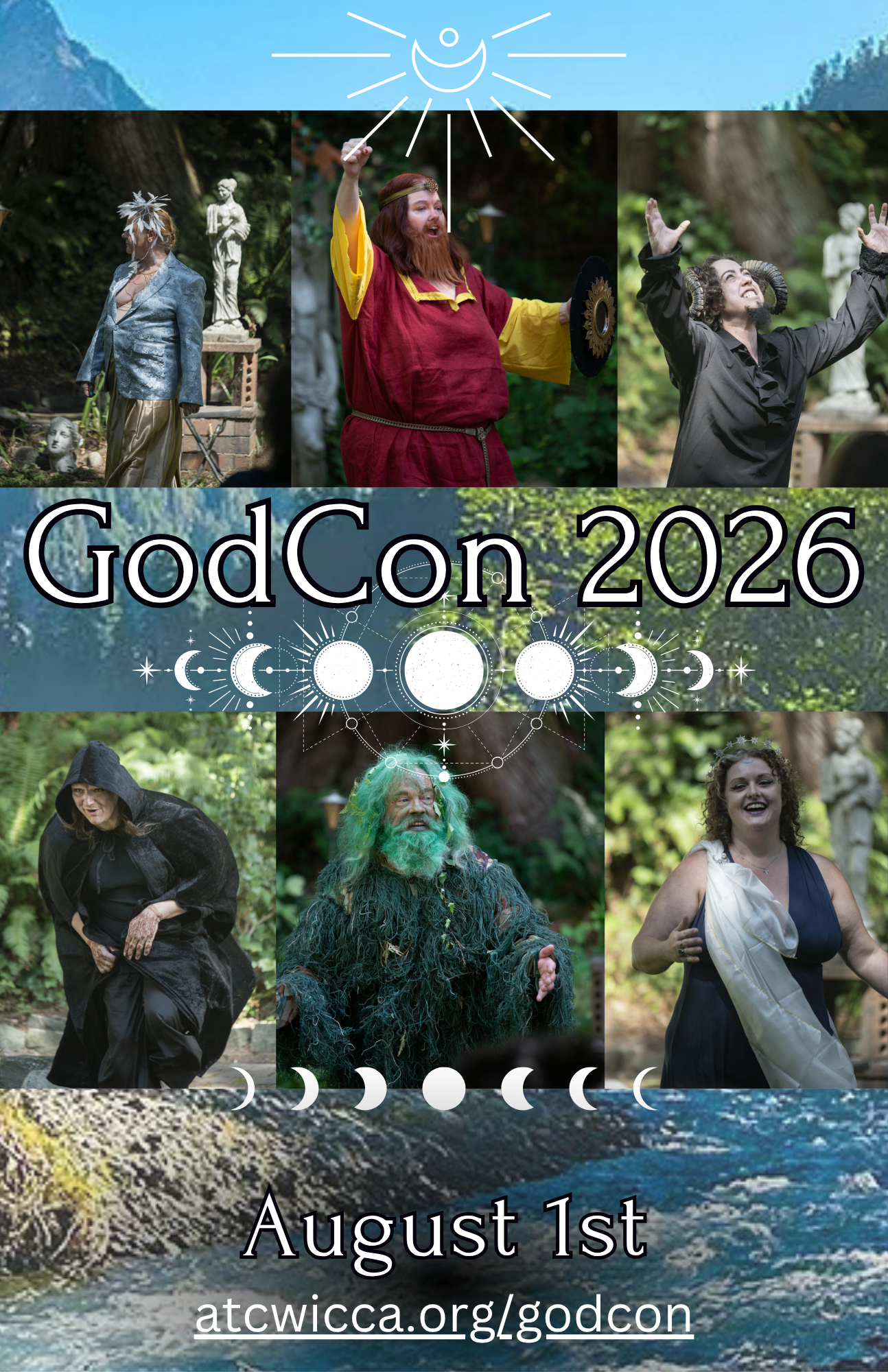 A poster for GodCon 2026 showing several members of the pagan community invoked as deities.