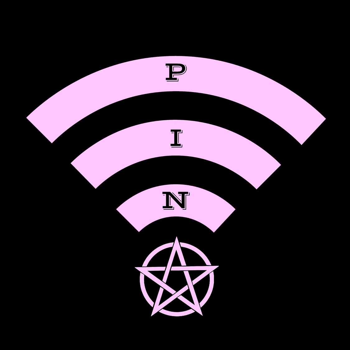 A pink wifi symbol with a pentagram on a black background for Pagans in Need.
