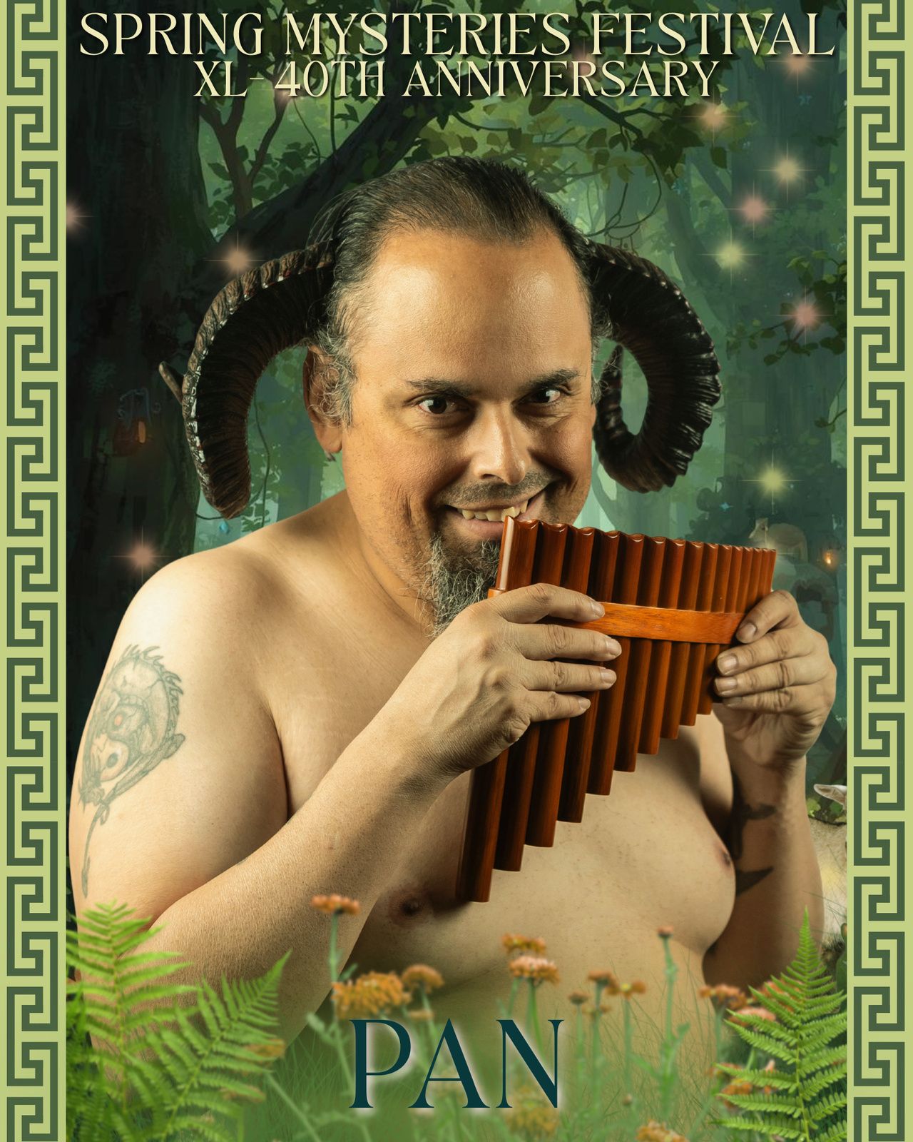A man with horns is playing a pan flute,  representing Pan.