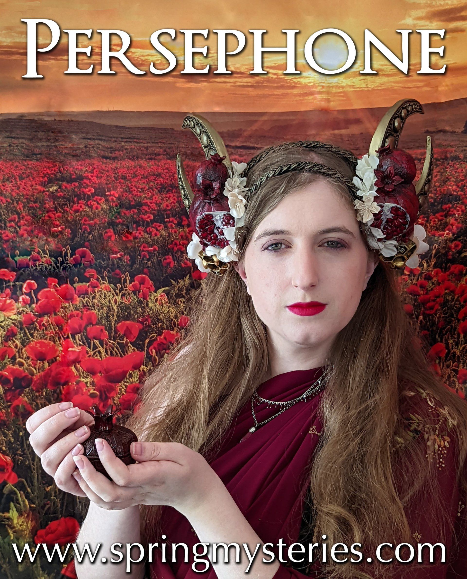 A woman is holding a pomegranate in front of a field of red flowers, representing Persephone.