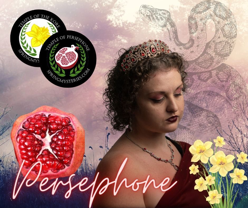 A woman with a tiara on her head is surrounded by flowers and a pomegranate, representing Persephone.