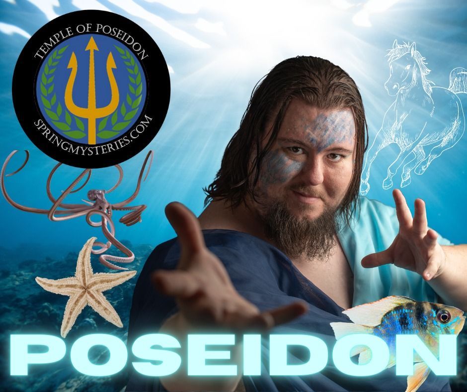 A poster for Poseidon shows a man with a trident and scales on his face.
