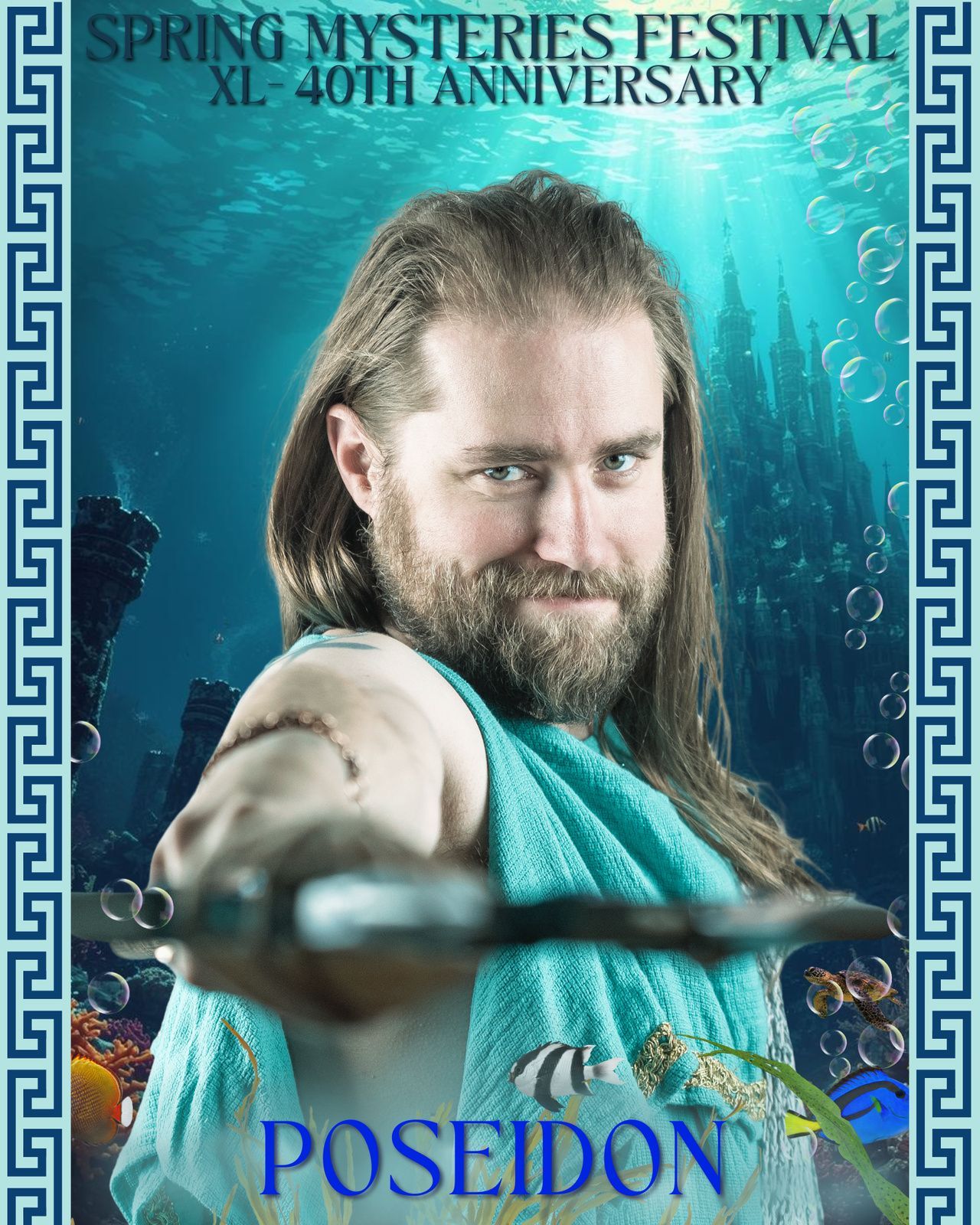 A poster for poseidon shows a man with a beard holding a trident